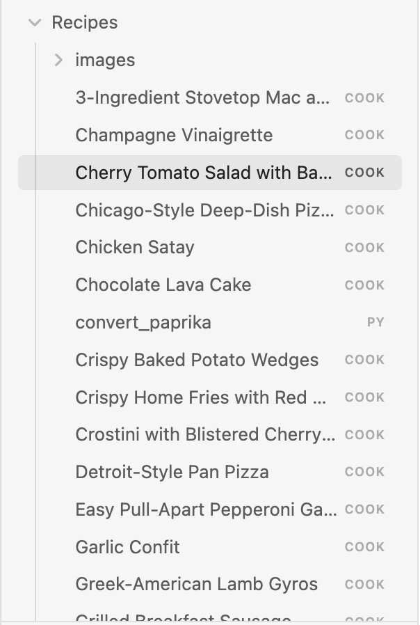 Obsidian file explorer showing .cook recipe files