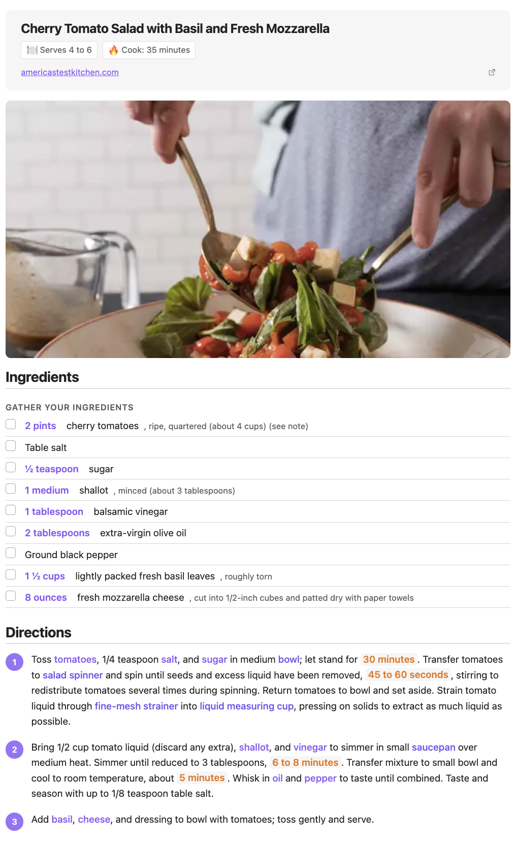 Rich rendered recipe preview with ingredients, directions, and metadata