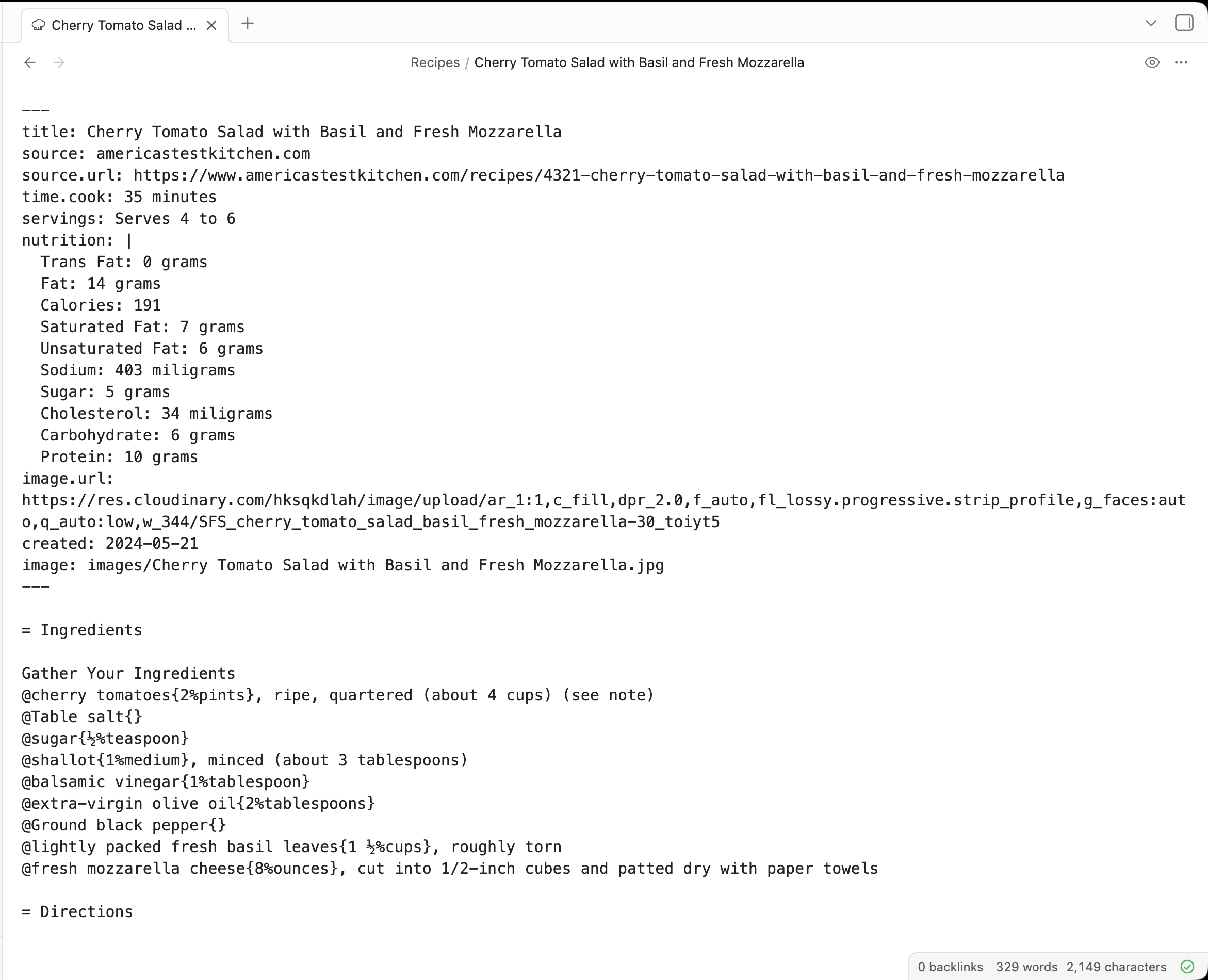 Cooklang source file with YAML frontmatter and recipe syntax